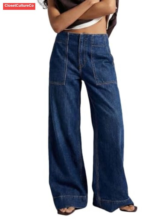 Denim - Women's Boyfriend Mid Rise Wide Leg Jeans Patch Pocket Denim Pants